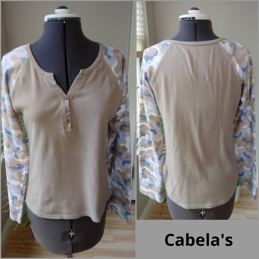 Cabela's Grey Camo Raglan Sleeve Henley